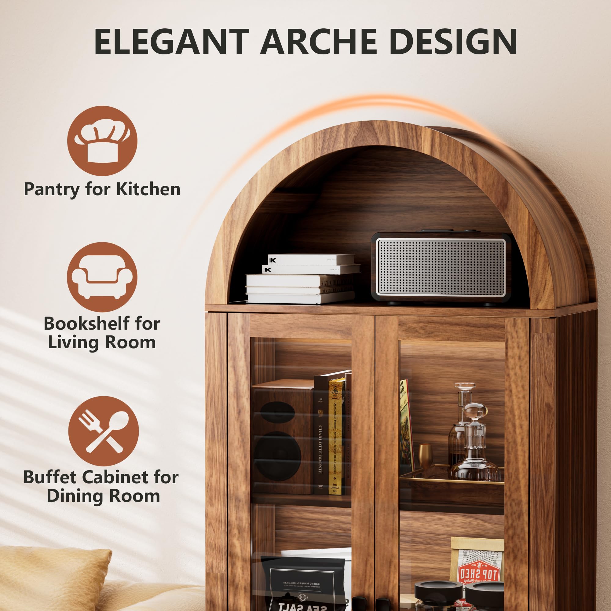 70" Arched Kitchen Pantry Cabinet with Glass Doors