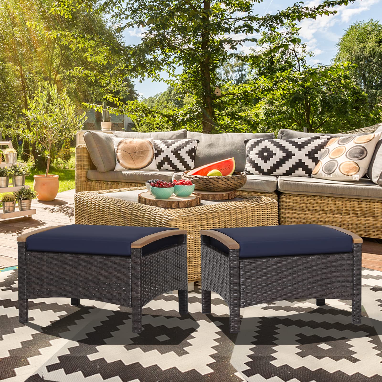 Outdoor Wicker Ottomans with Cushions