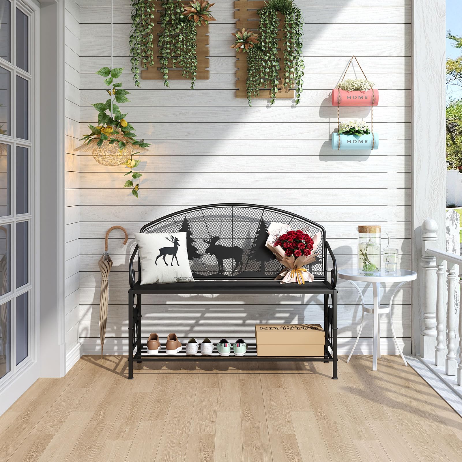 Metal Outdoor Garden Bench with Forest Pattern Backrest