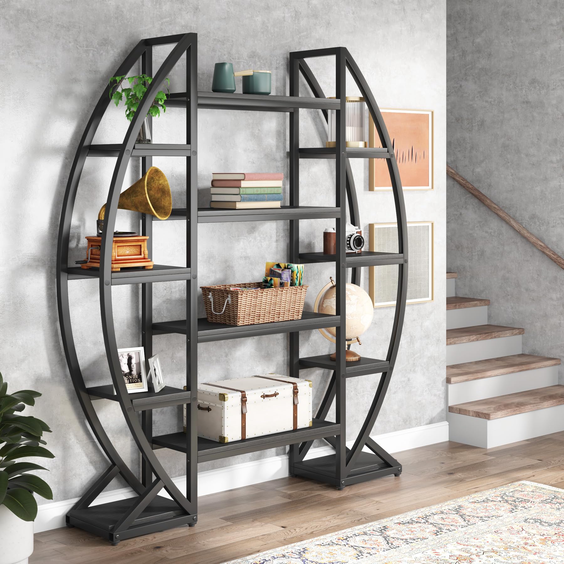 Oval Bookshelf Triple Wide 5-Tier Industrial Display