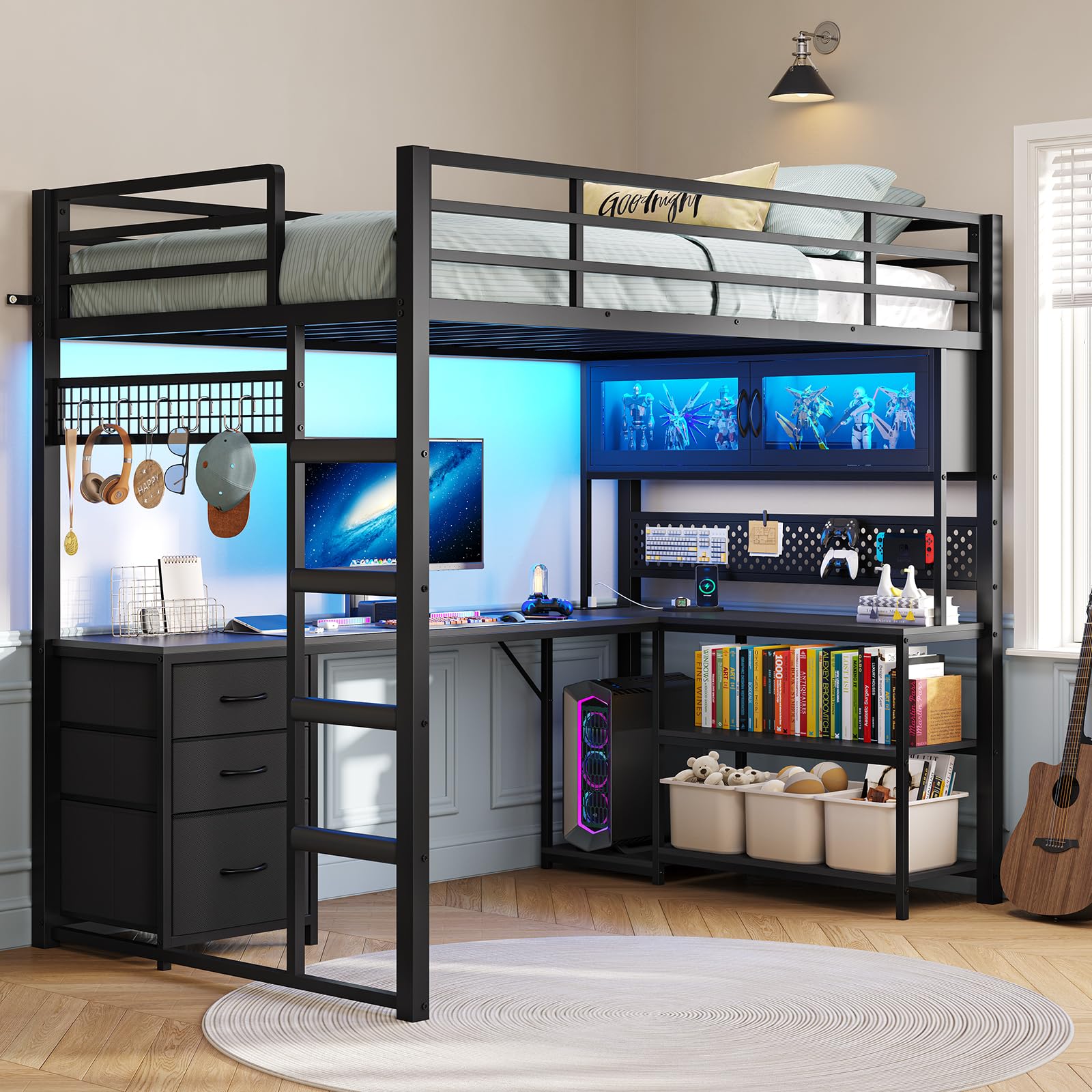 Twin Loft Bed with L-Shaped Gaming Desk and Storage