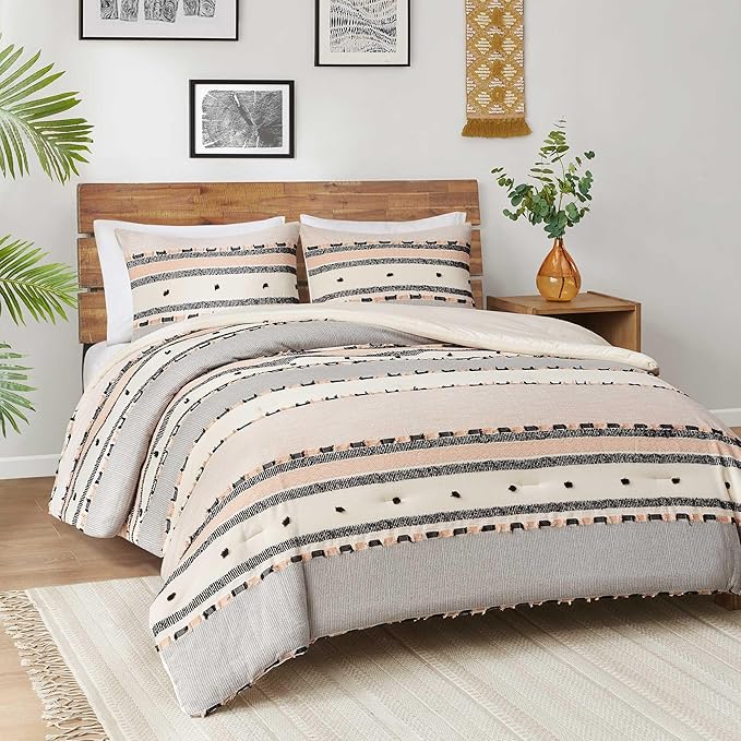 Boho Queen Comforter Set with Cotton Top and Tufted Jacquard Stripes