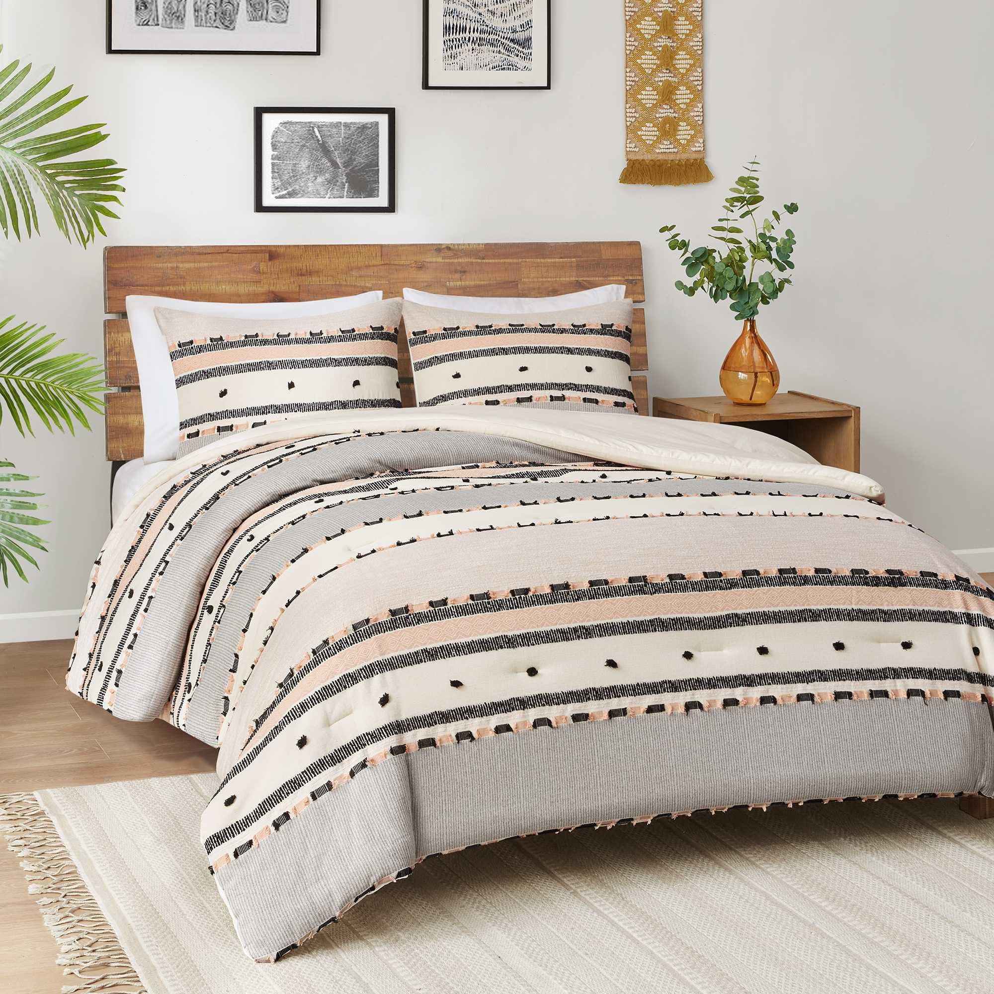 Boho Queen Comforter Set with Cotton Top and Tufted Jacquard Stripes