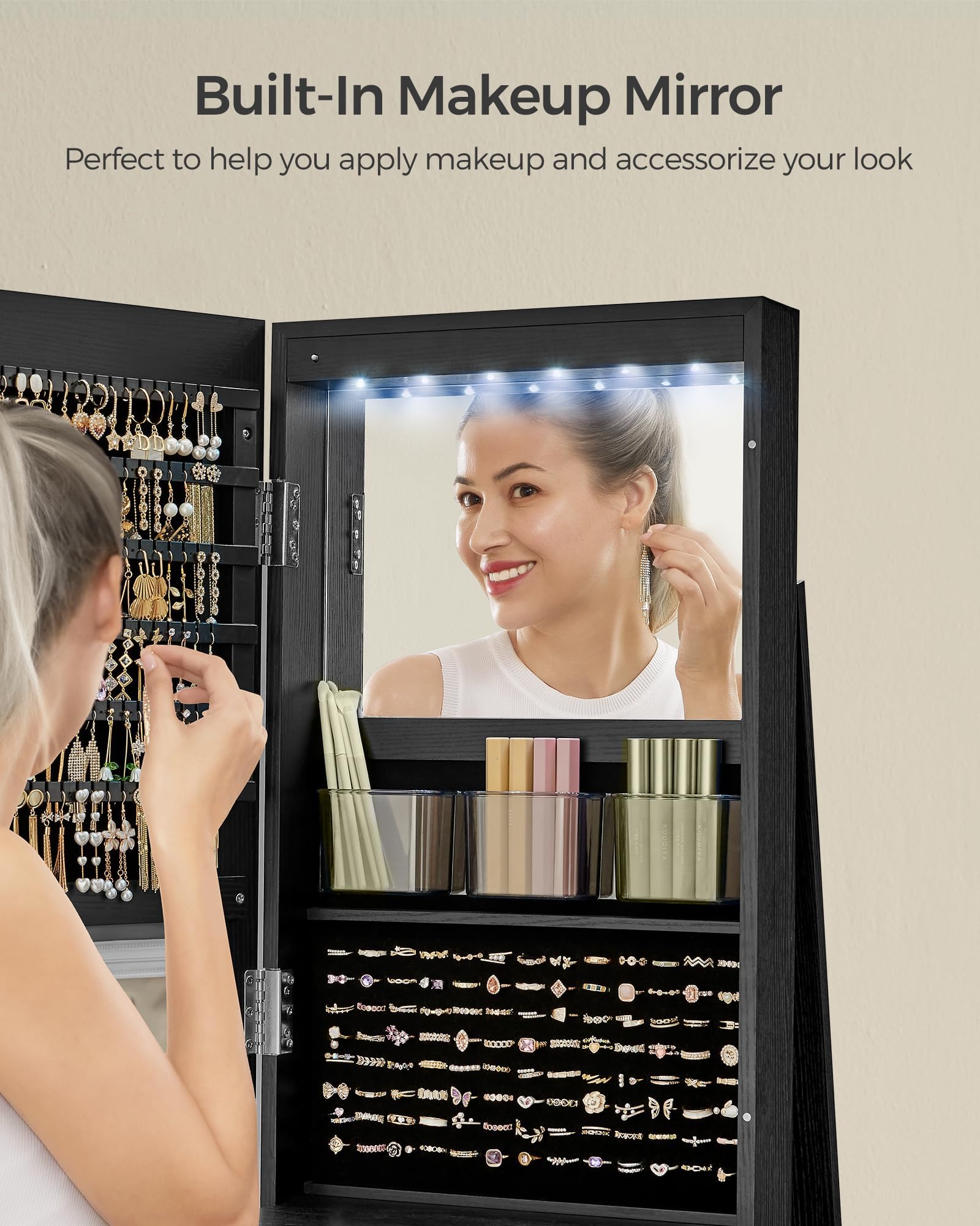 6 LED Lockable Mirror Jewelry Cabinet with 360° Swivel