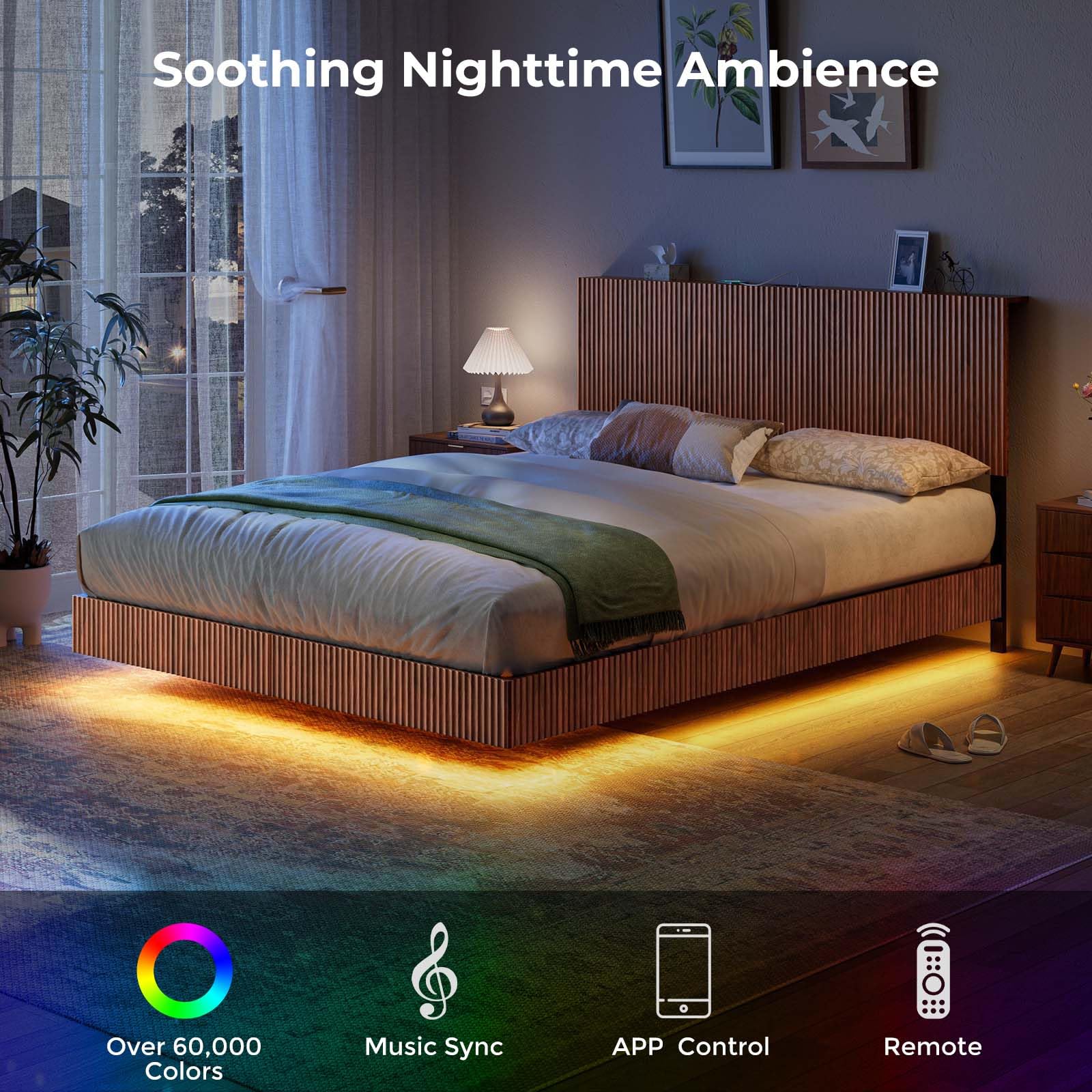 Walnut Queen Floating Bed Frame with LED Lights