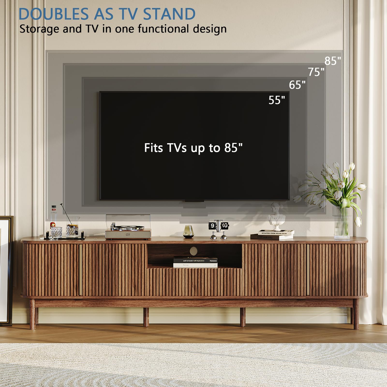 86.6" Fluted TV Stand with Storage Cabinet and Sliding Doors