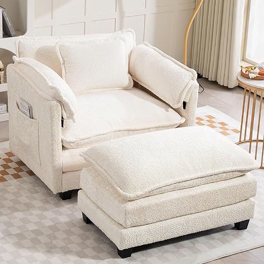 Boucle Oversized Reading Chair with Ottoman