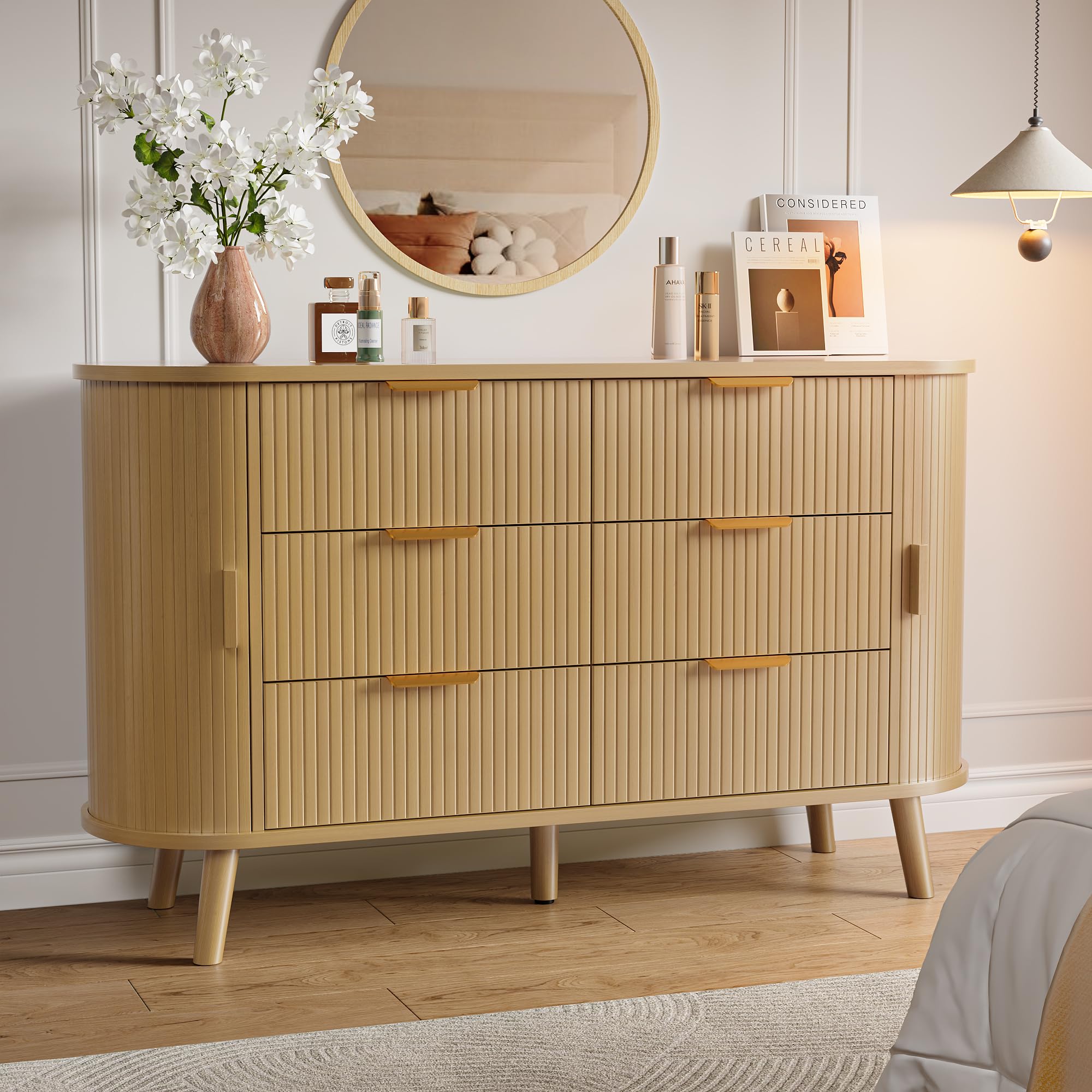 Fluted 6-Drawer Dresser with Sliding Door - 55 Inch Wide Mid-Century Modern