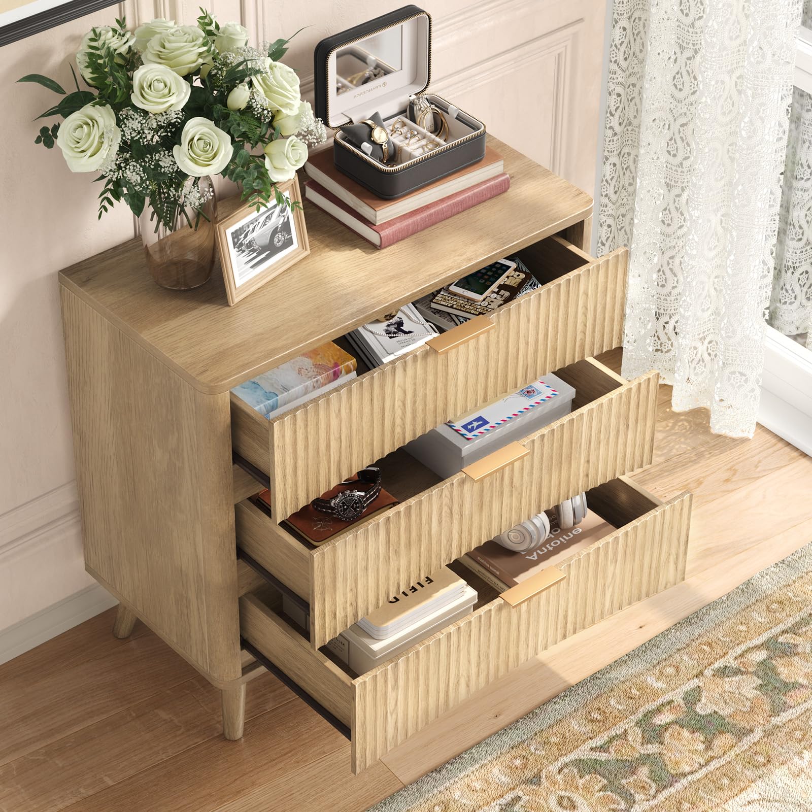 Oversized Fluted Nightstands Set of 2 - 3 Drawers