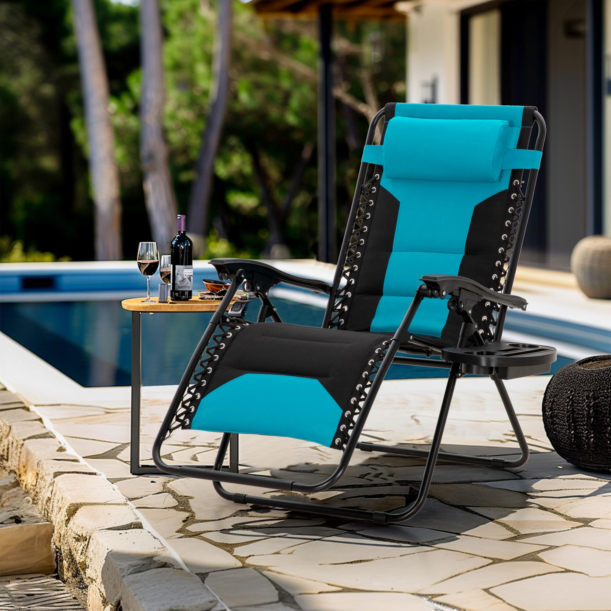 MFSTUDIO Padded Zero Gravity Chair Set of 2, Folding Patio Lounge Recliner with Adjustable Pillows & Cup Holder for Poolside Backyard, Support 400lbs(Pacific Blue)
