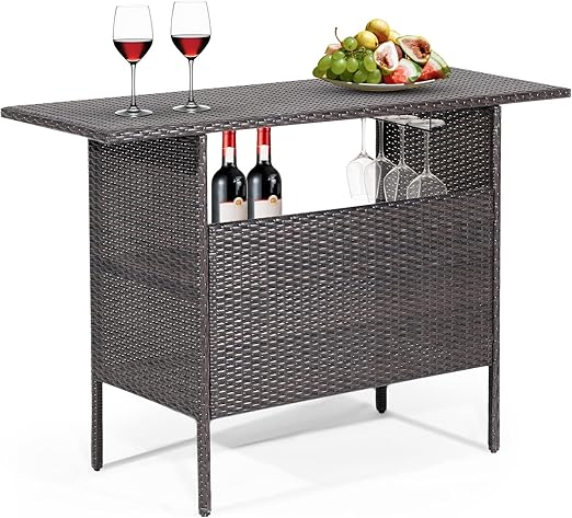 Outdoor Wicker Bar Table with Storage