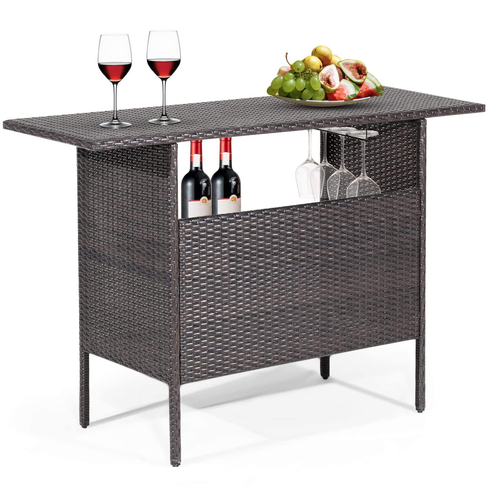 Outdoor Wicker Bar Table with Storage Shelves