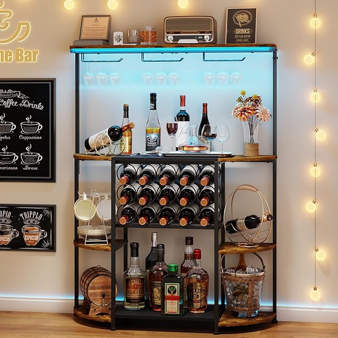Wine Bar Cabinet with LED Lights and Glass Holder