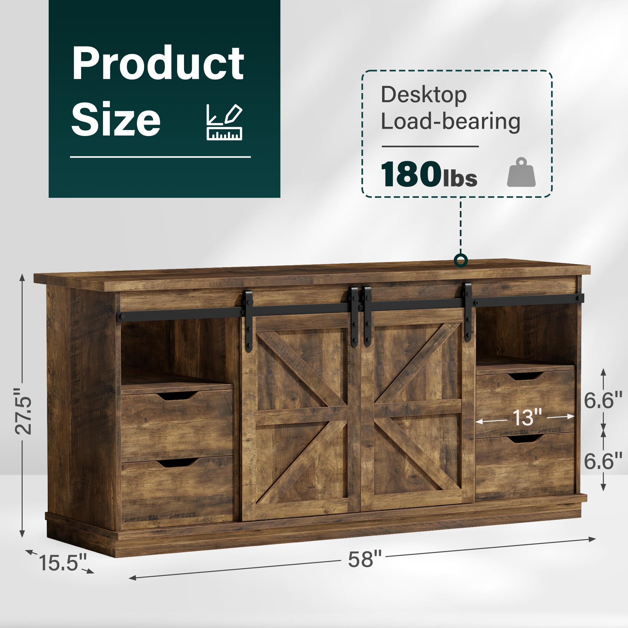 TV Stand with 4 Drawers and Sliding Barn Doors for 65 Inch TV