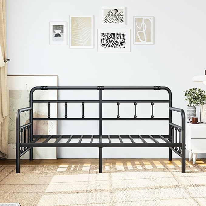Metal Twin Daybed with Modern Headboard and Steel Slats