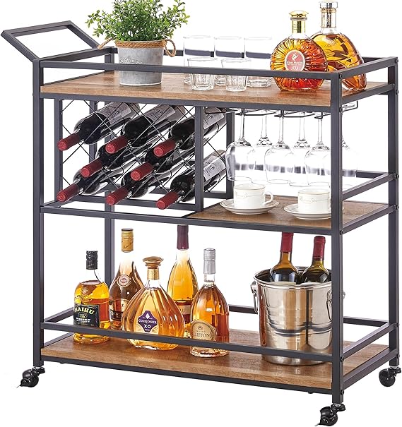 Gold Bar Cart with Wine Rack and Glass Holder