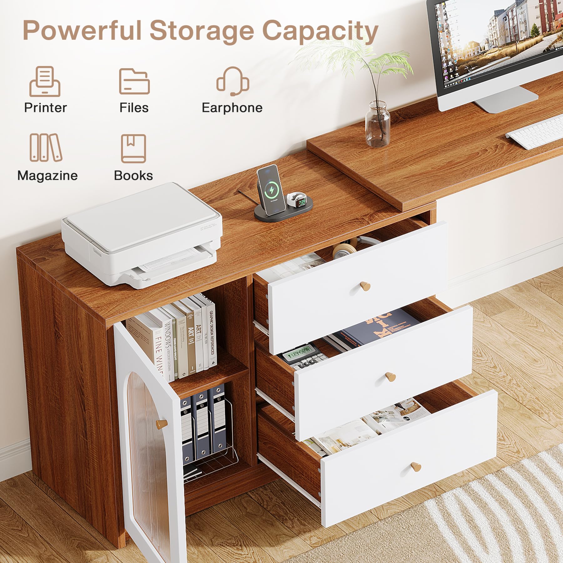 L-Shaped Computer Desk with Drawers and Reversible Storage Cabinet
