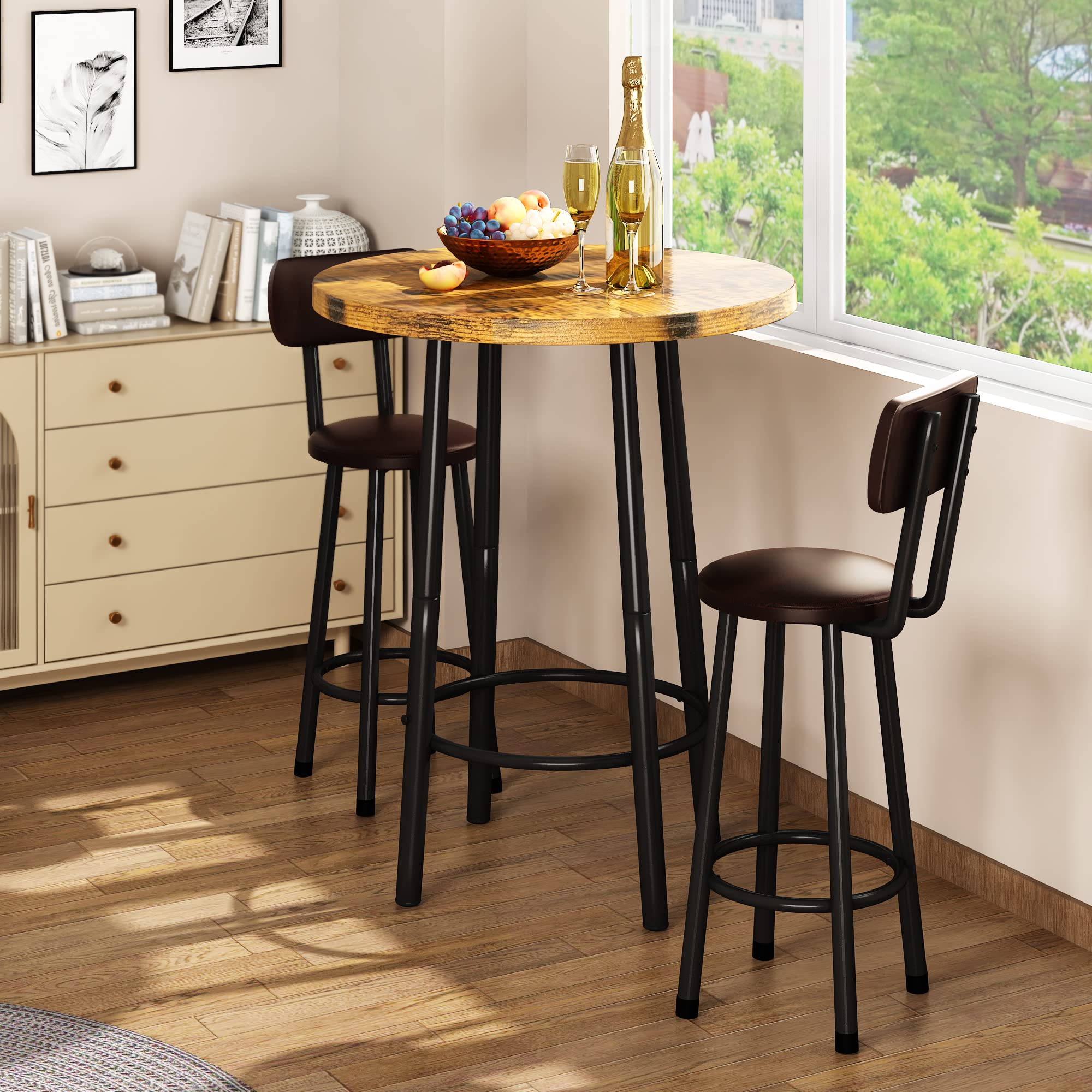 3 Piece Pub Dining Set Round Bar Table with Stools