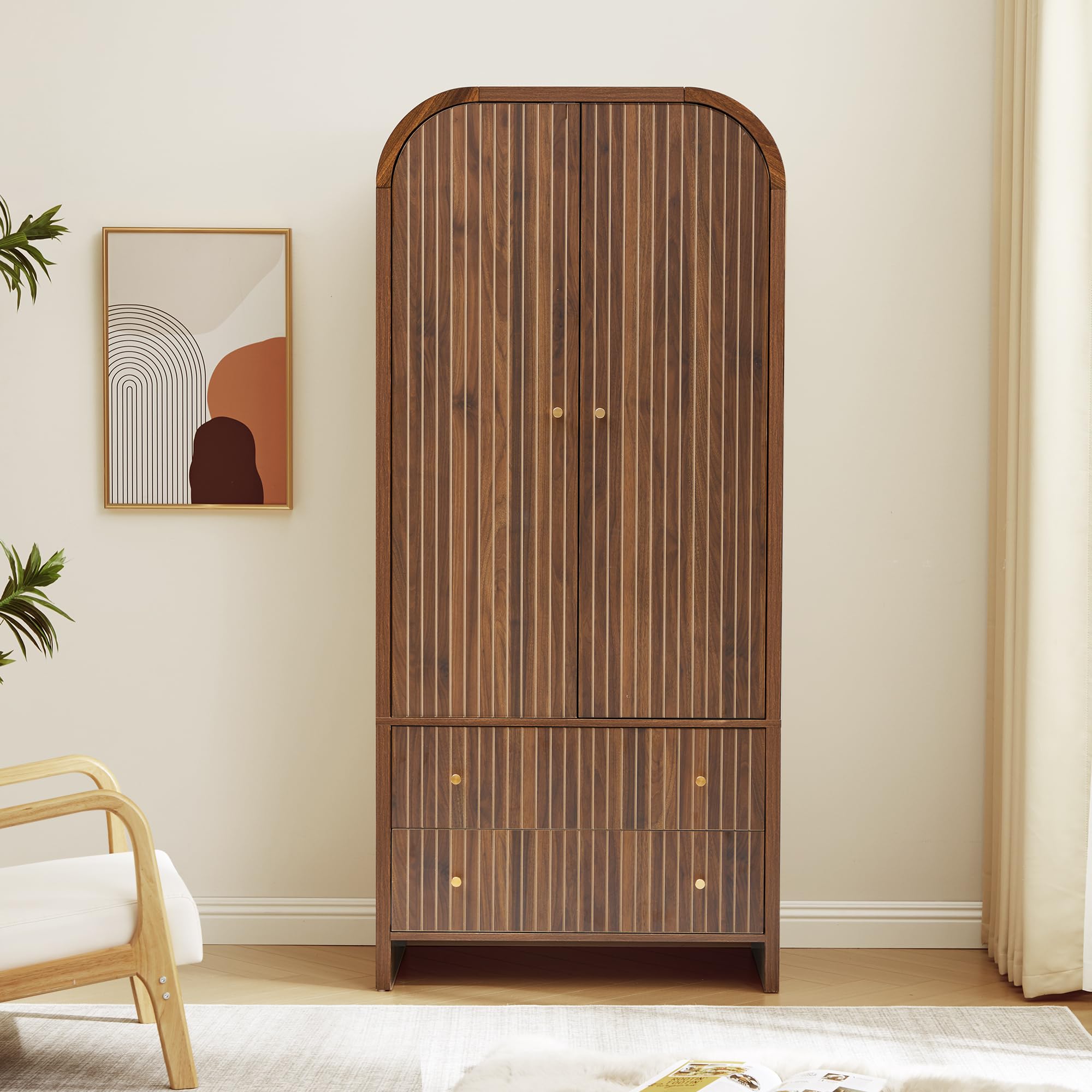 Arched Armoire Wardrobe Closet with Hanging Rod and 2 Drawers