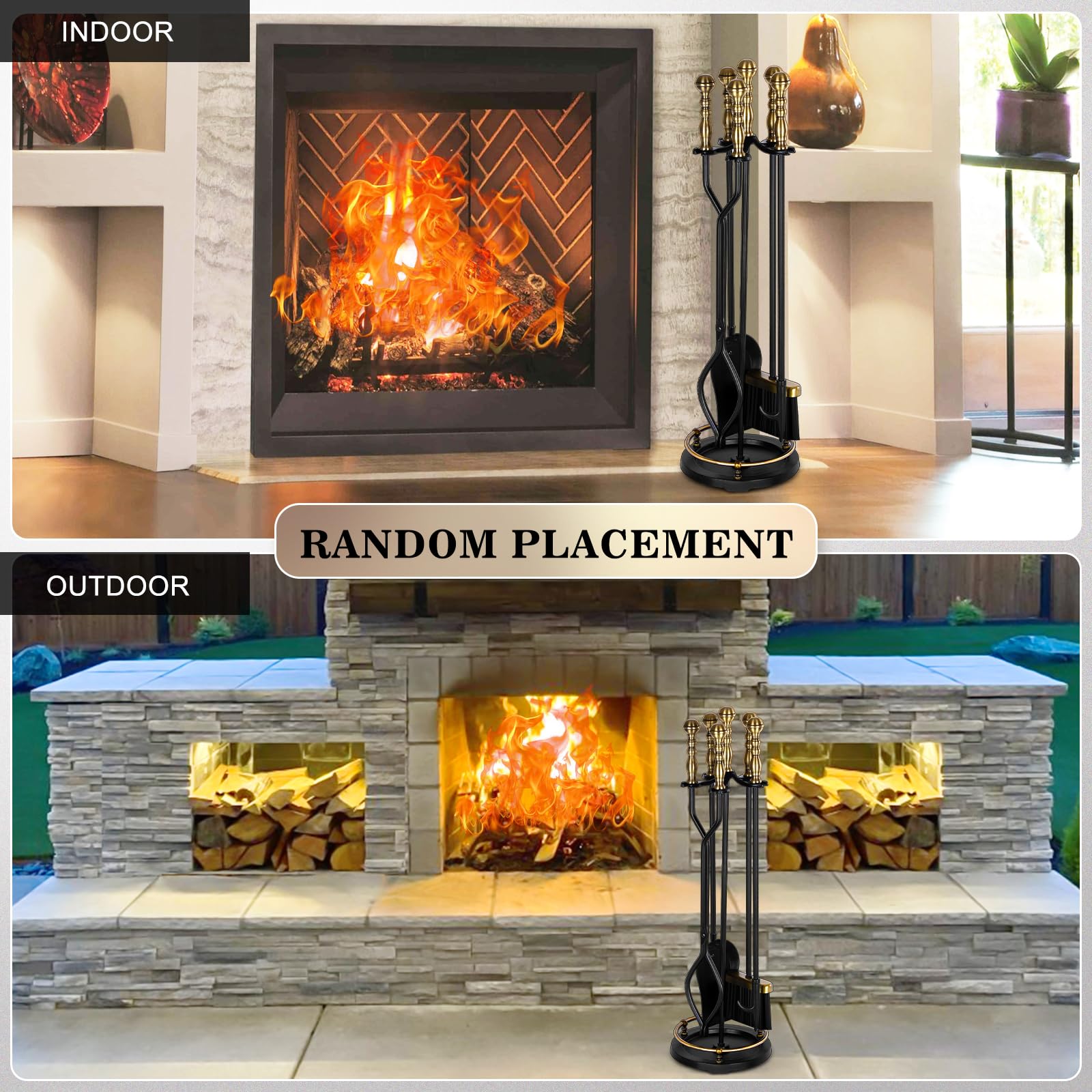 5-Piece Fireplace Tool Set with Brass Handles