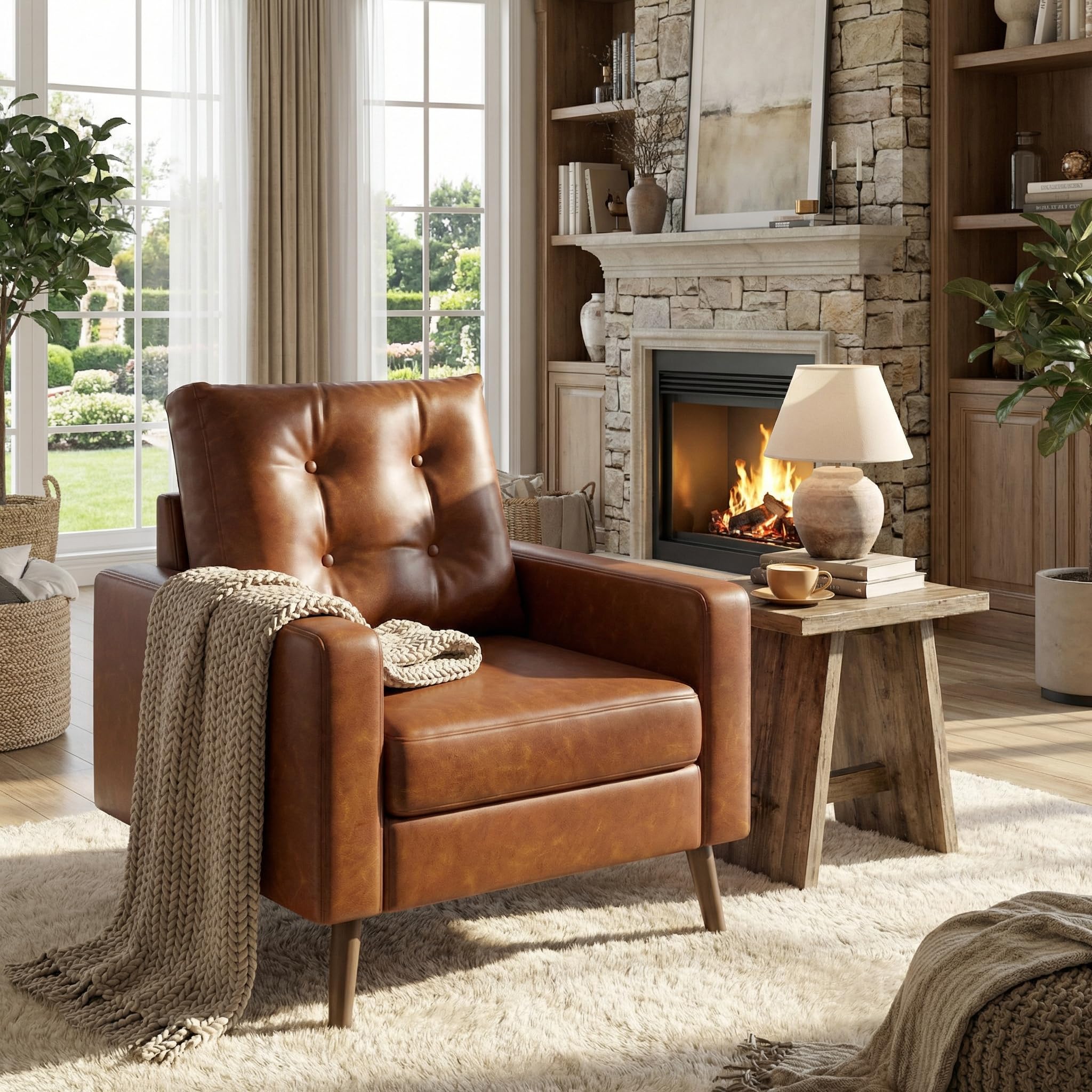 HNY Mid Century Modern Armchair, Button Tufted Faux Leather Accent Chair with Armrests, Upholstered Club Chair for Living Room, Bedroom & Office, Caramel Brown