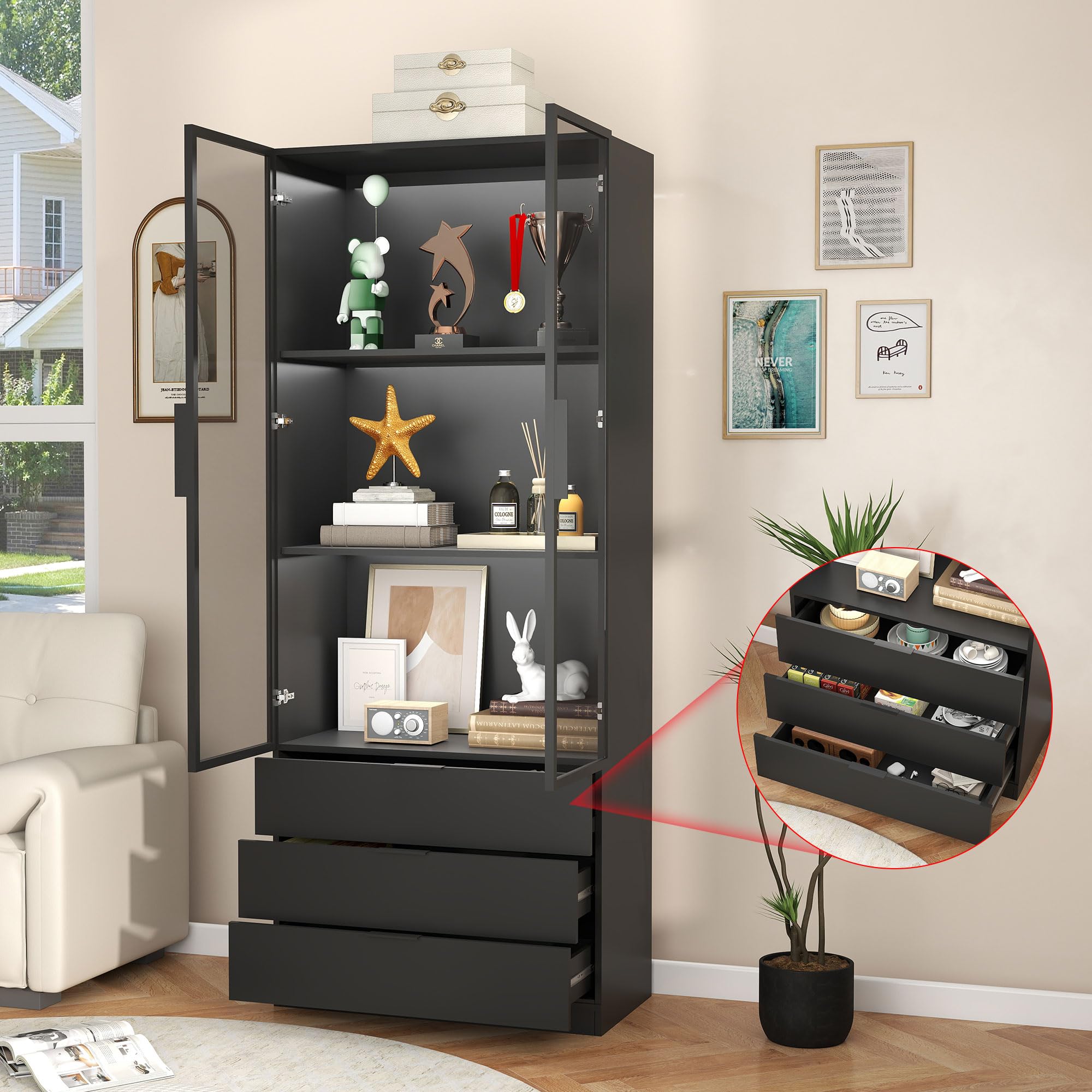 Display Cabinet with Glass Doors and LED Lights