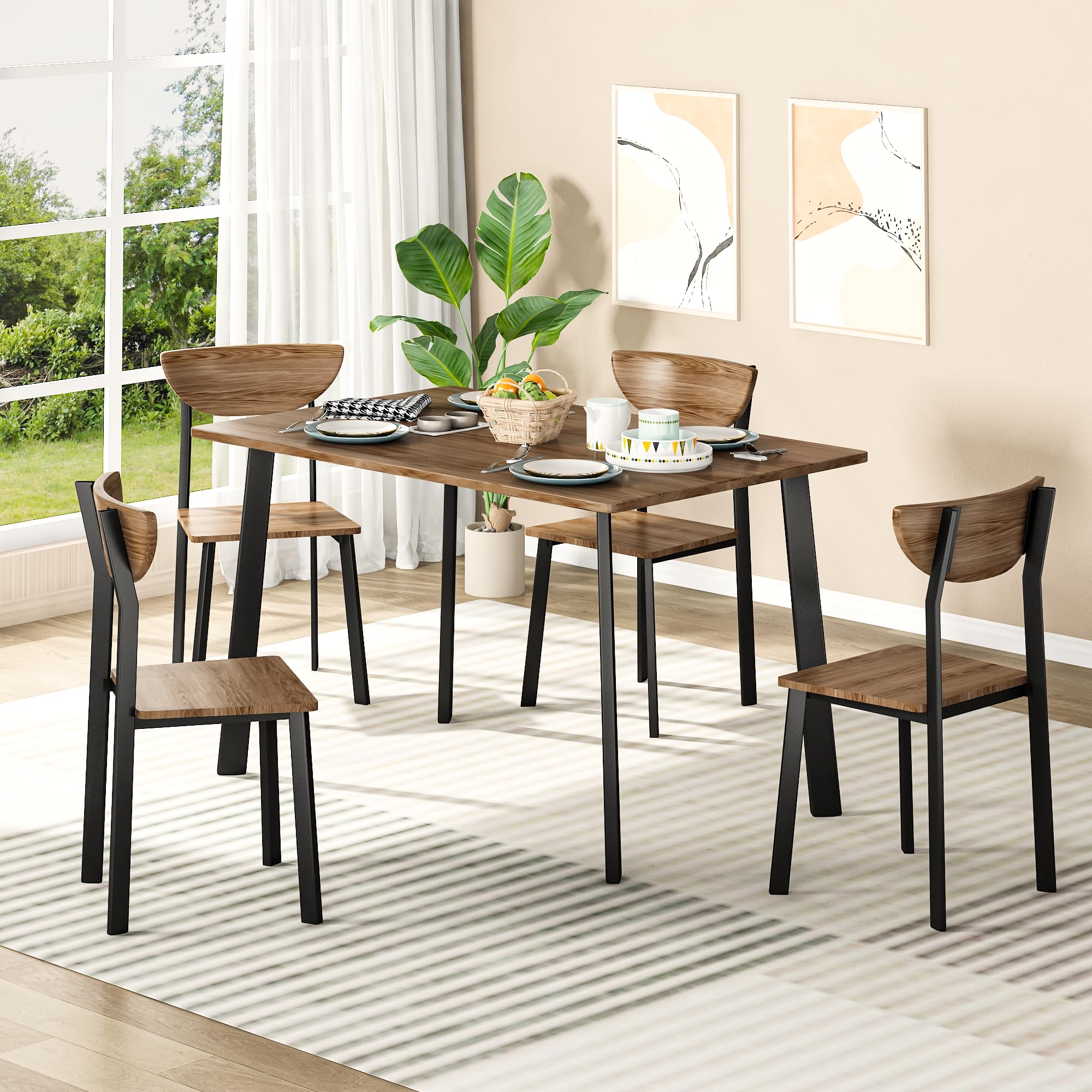 Dining Table Set for 4 with Curved Backrest Chairs
