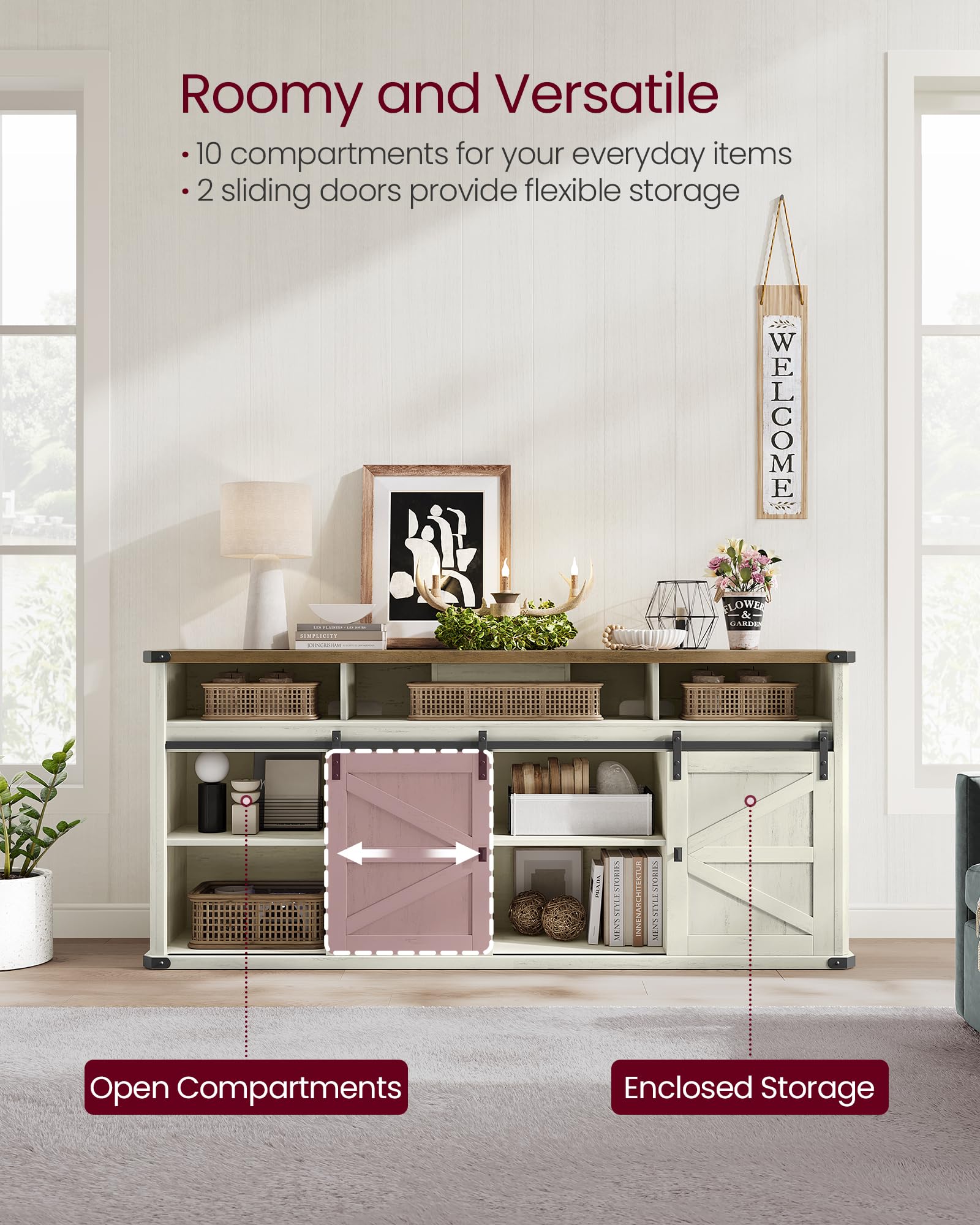 Farmhouse TV Stand with Sliding Barn Doors for 75 Inch TVs