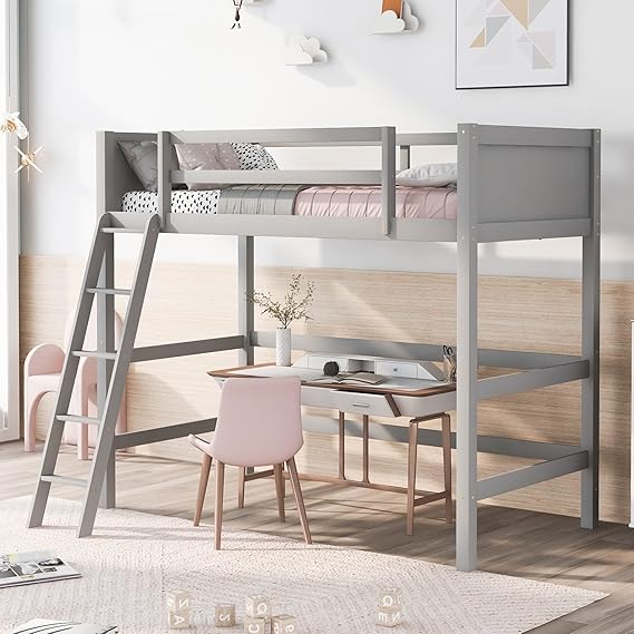 Twin Wood Loft Bed with Guardrail and Ladder