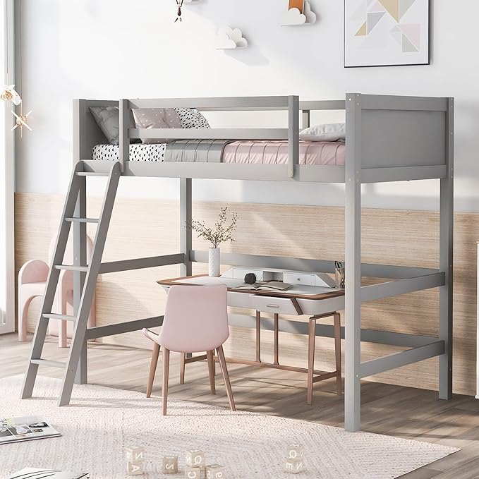 Twin Loft Bed with Ladder - White Wood Kids Bunk Bed