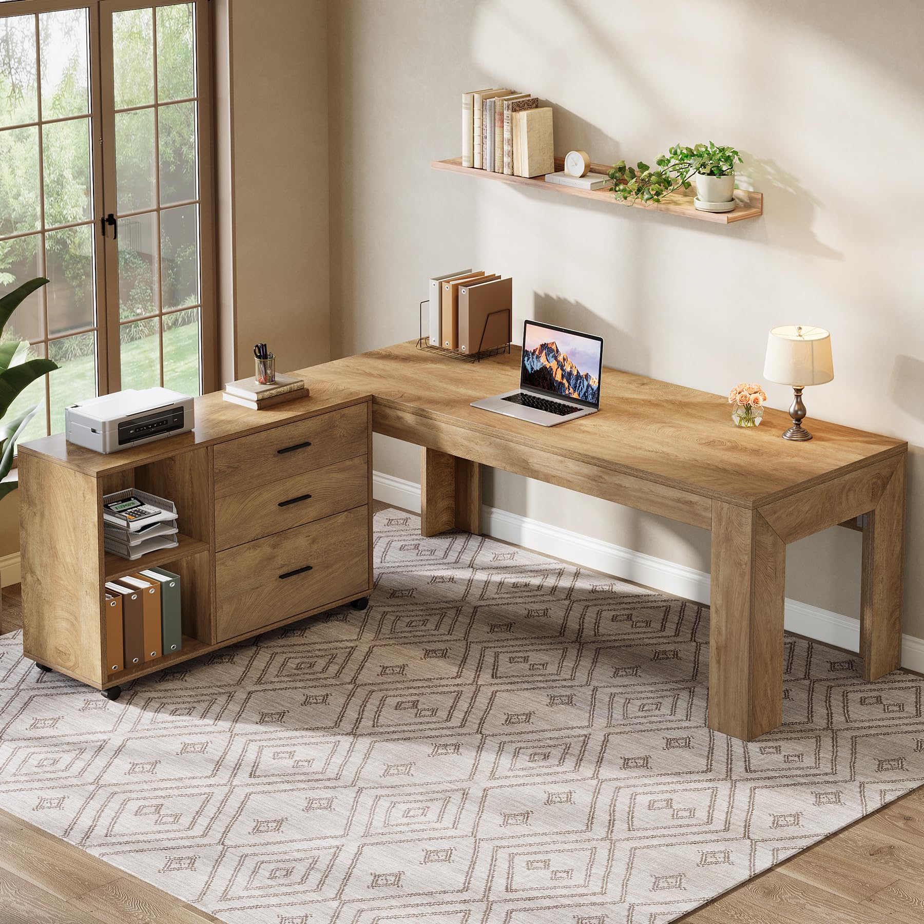 L-Shaped Executive Desk with File Cabinet