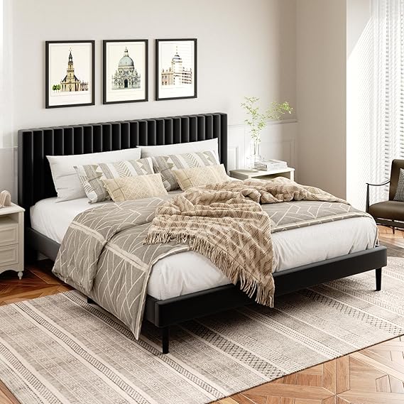 King Size Platform Bed Frame Velvet Upholstered Headboard