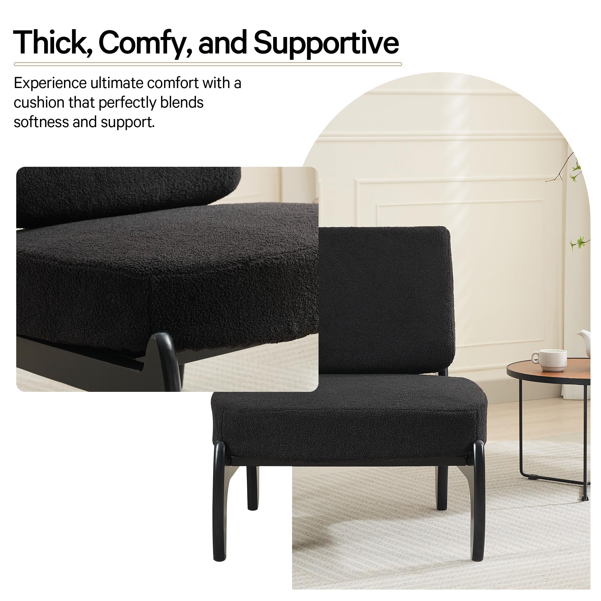 Okeysen Mid-Century Accent Chair, Modern Armless Lounge Chair with Black Teddy Fabric and Solid Wood Legs, Comfy Slipper Chair for Living Room, Bedroom, Balcony