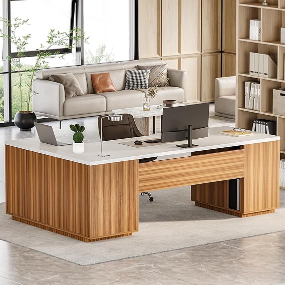 87-Inch Modern Executive Desk with File Cabinet