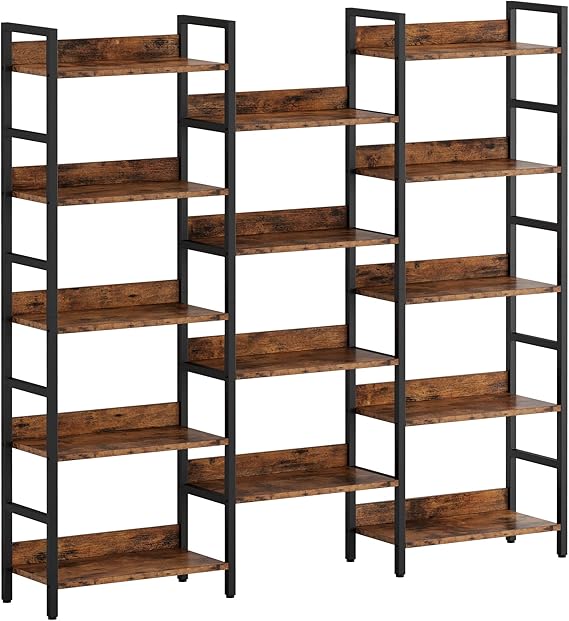 Industrial Brown 5-Tier Bookshelf with Metal Frame