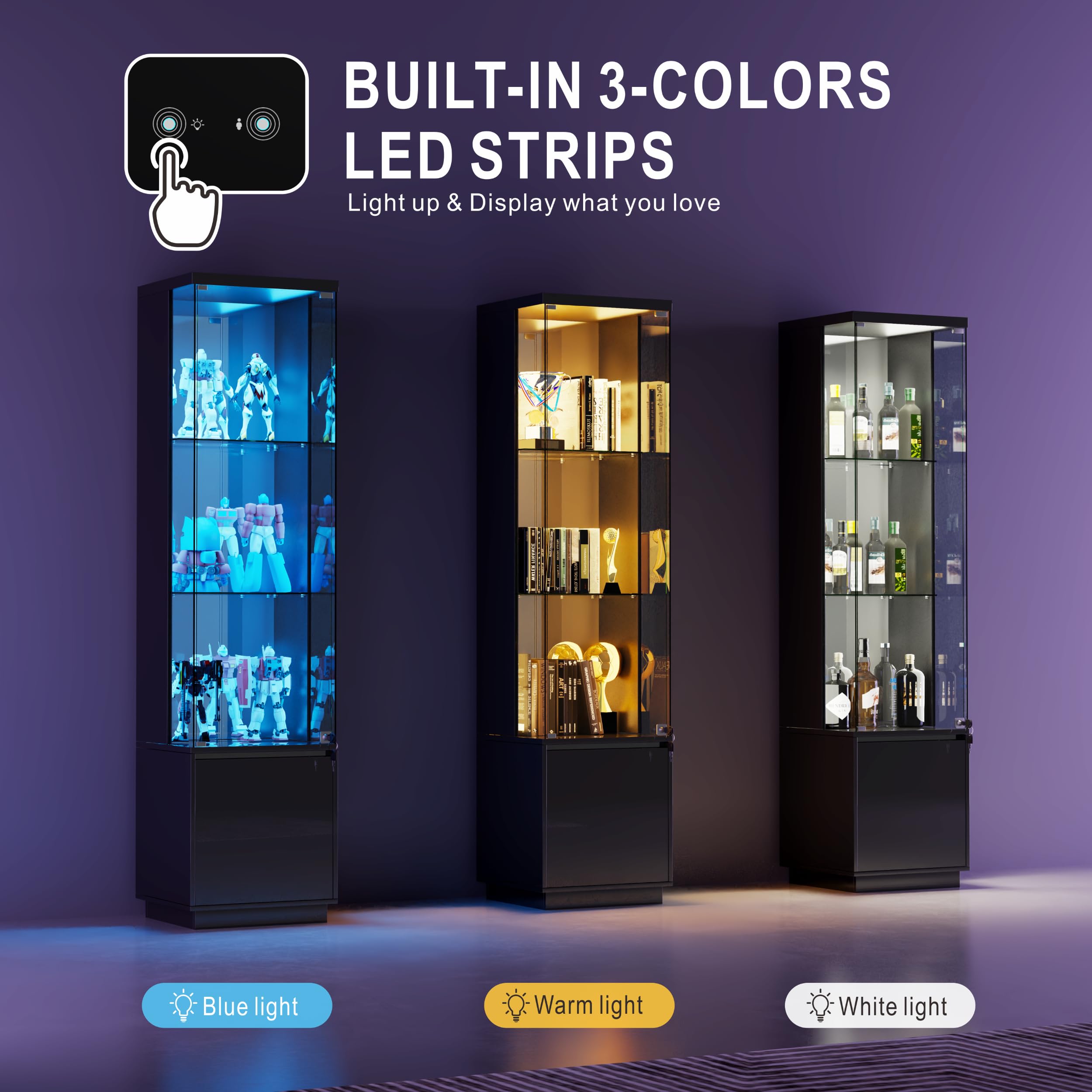 65" LED Lighted Glass Display Cabinet with Lockable Door