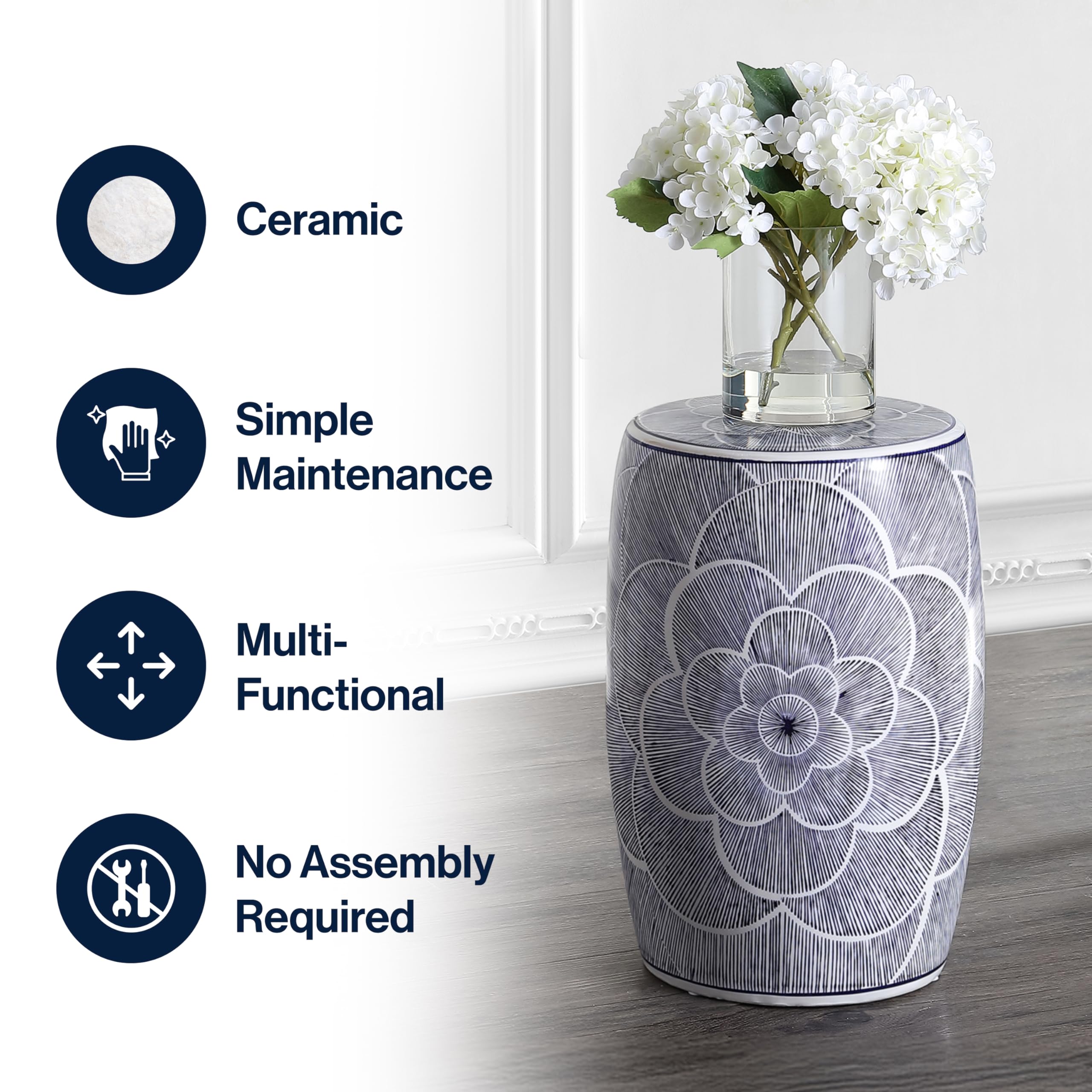 Ceramic Drum Garden Stool 17" Blue White Floral