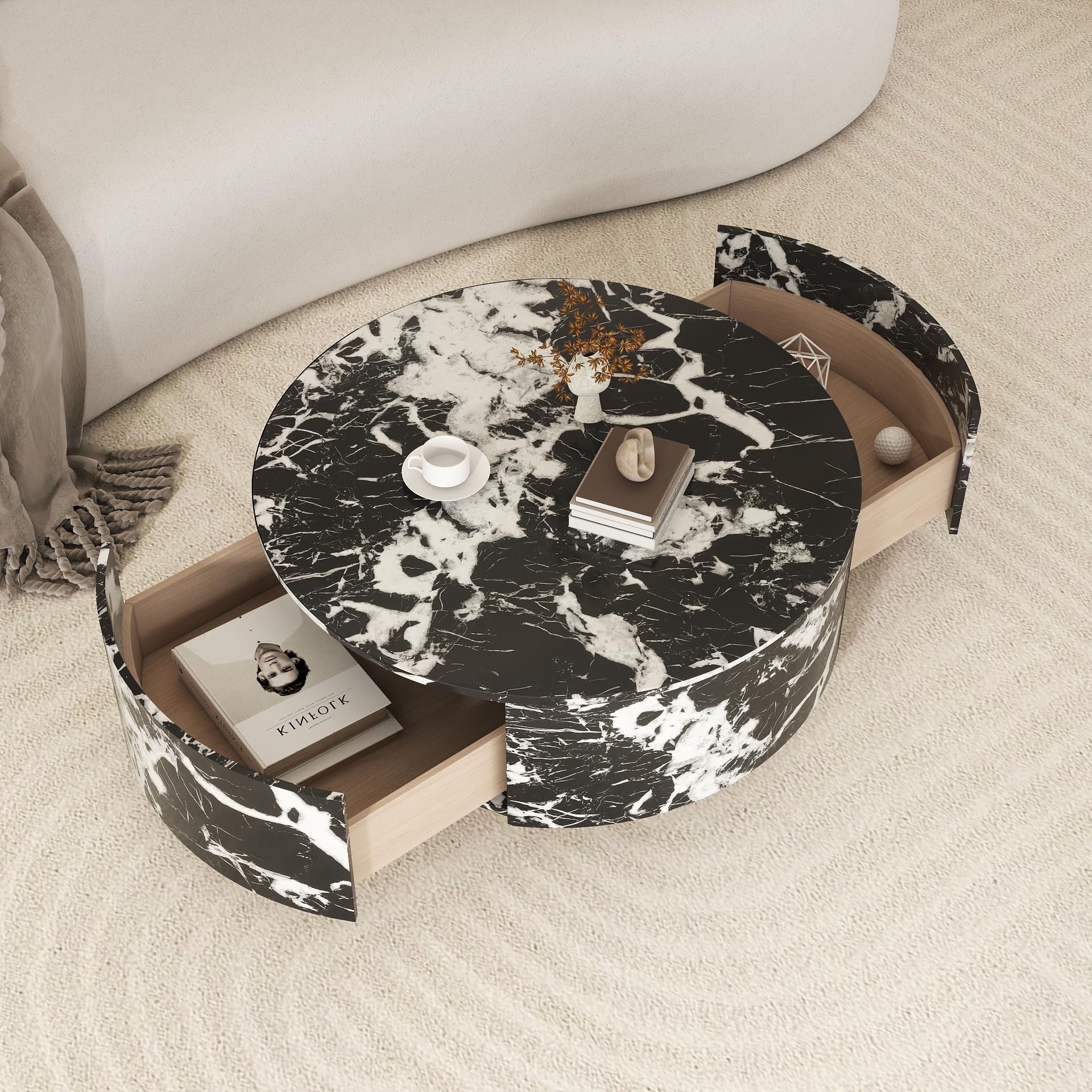 33.47" Round Coffee Table with Drawers and Faux Marble Surface