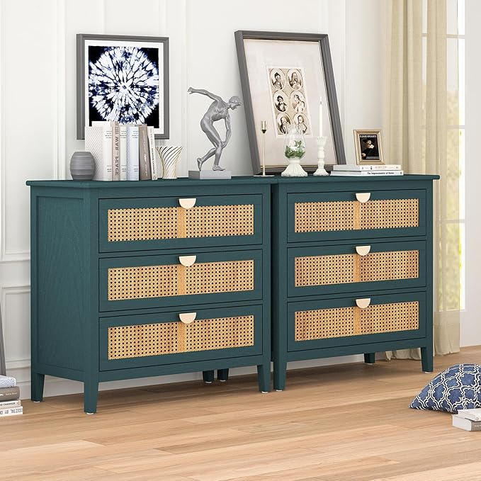 Rattan 3 Drawer Dresser with Storage Cabinet