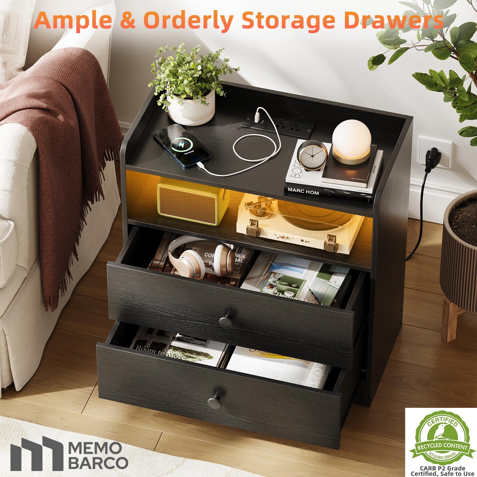 Nightstand with Charging Station and LED Light