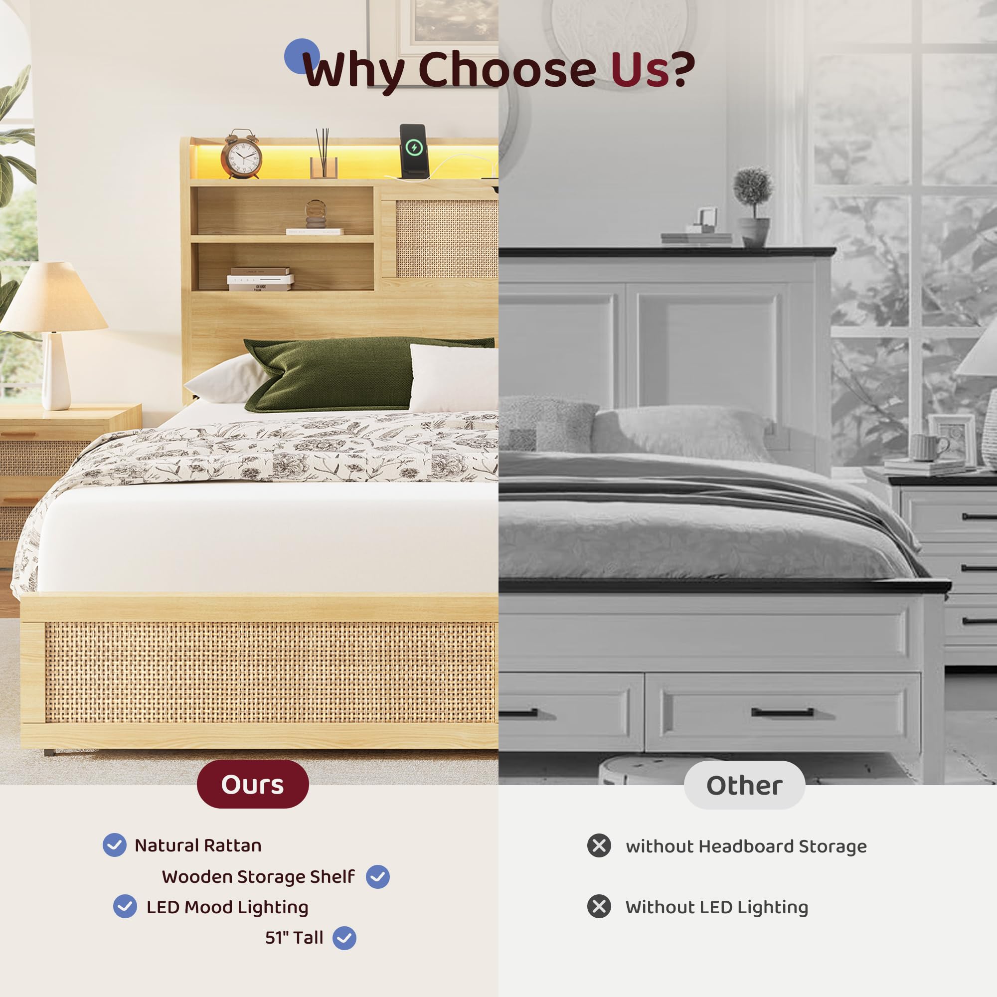 King Size Rattan Bed Frame with Storage Drawers and LED Lights