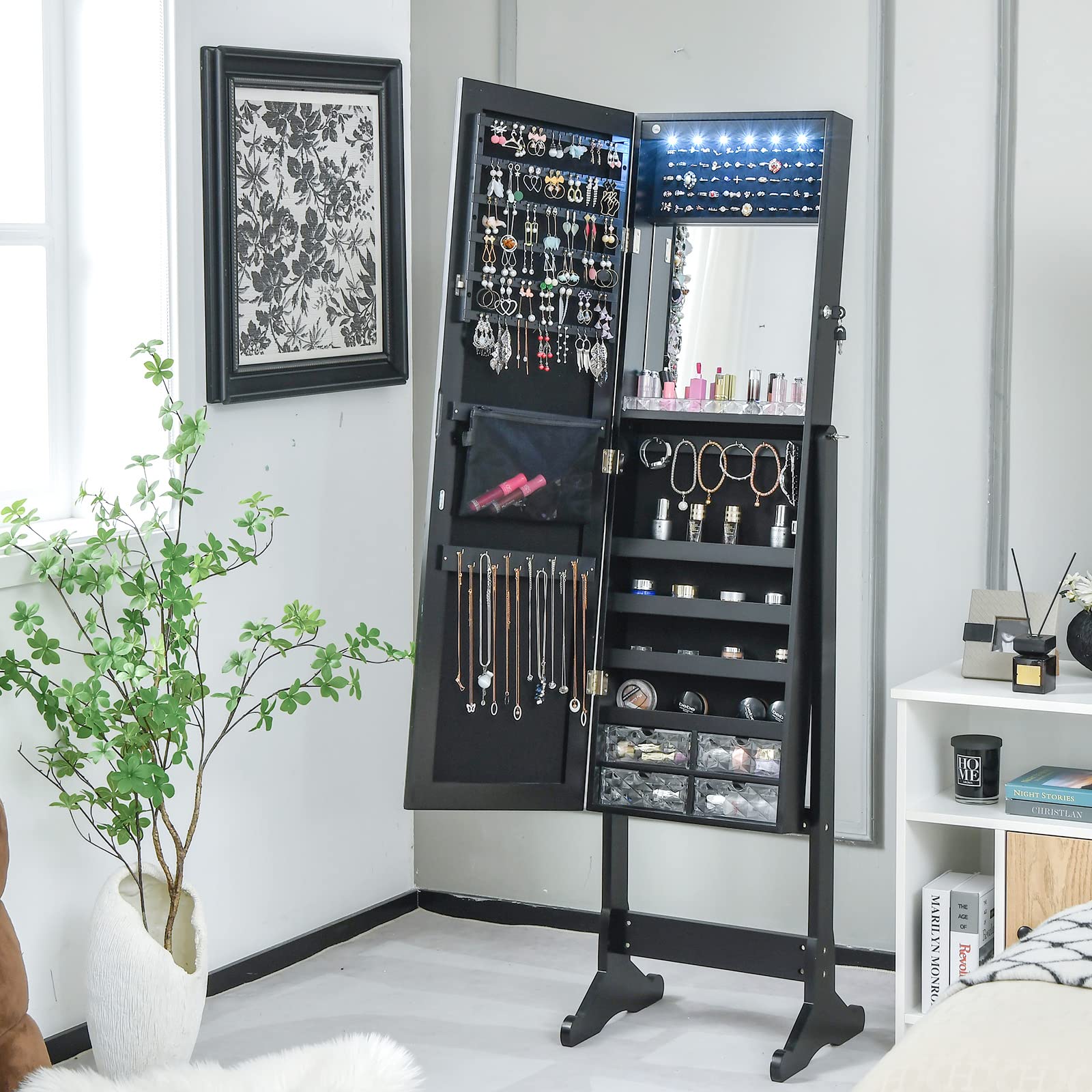 Jewelry Armoire Cabinet with Full Length Mirror and LED Lights