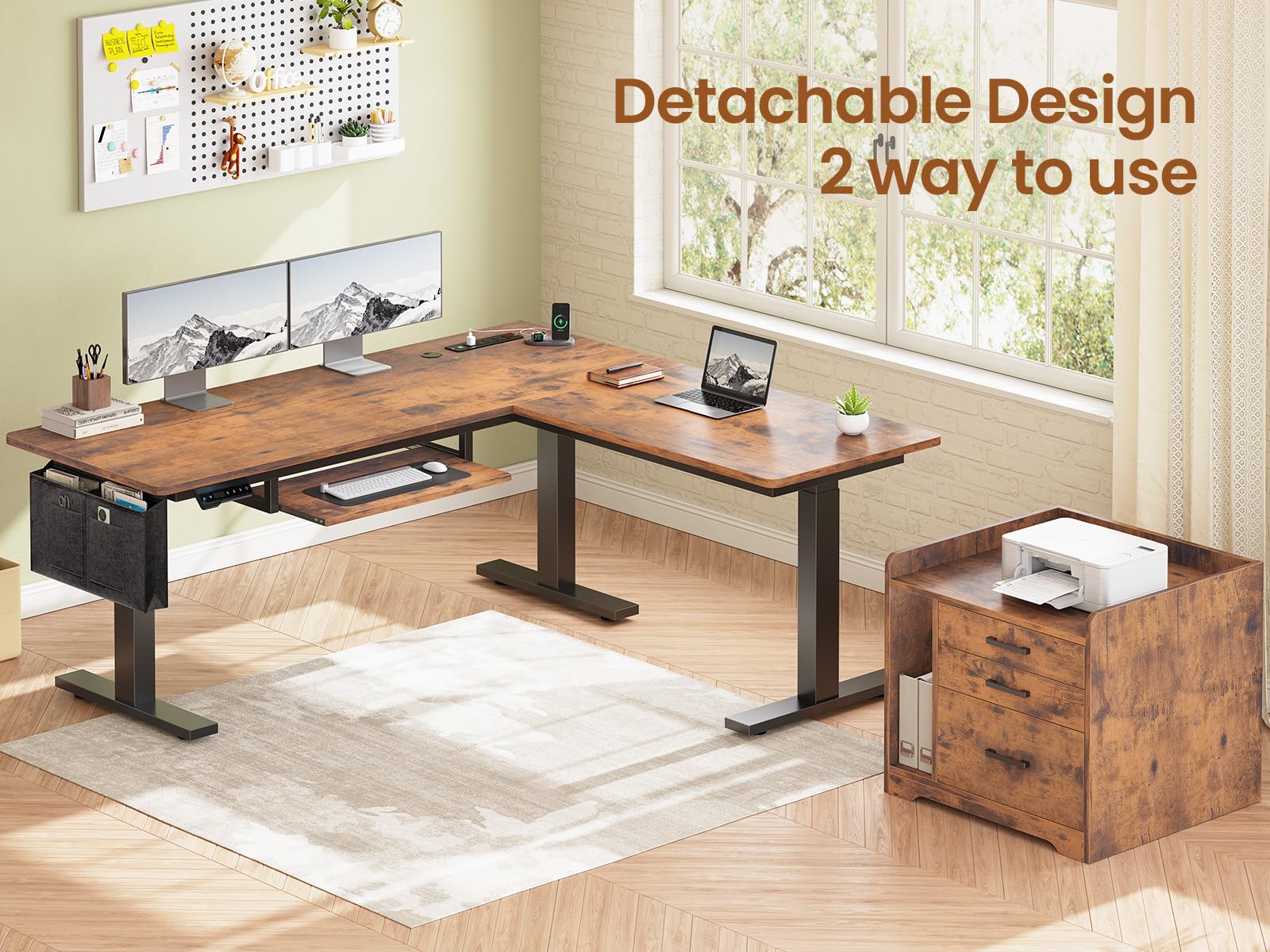 L-Shaped Electric Standing Desk with File Cabinet 63x53