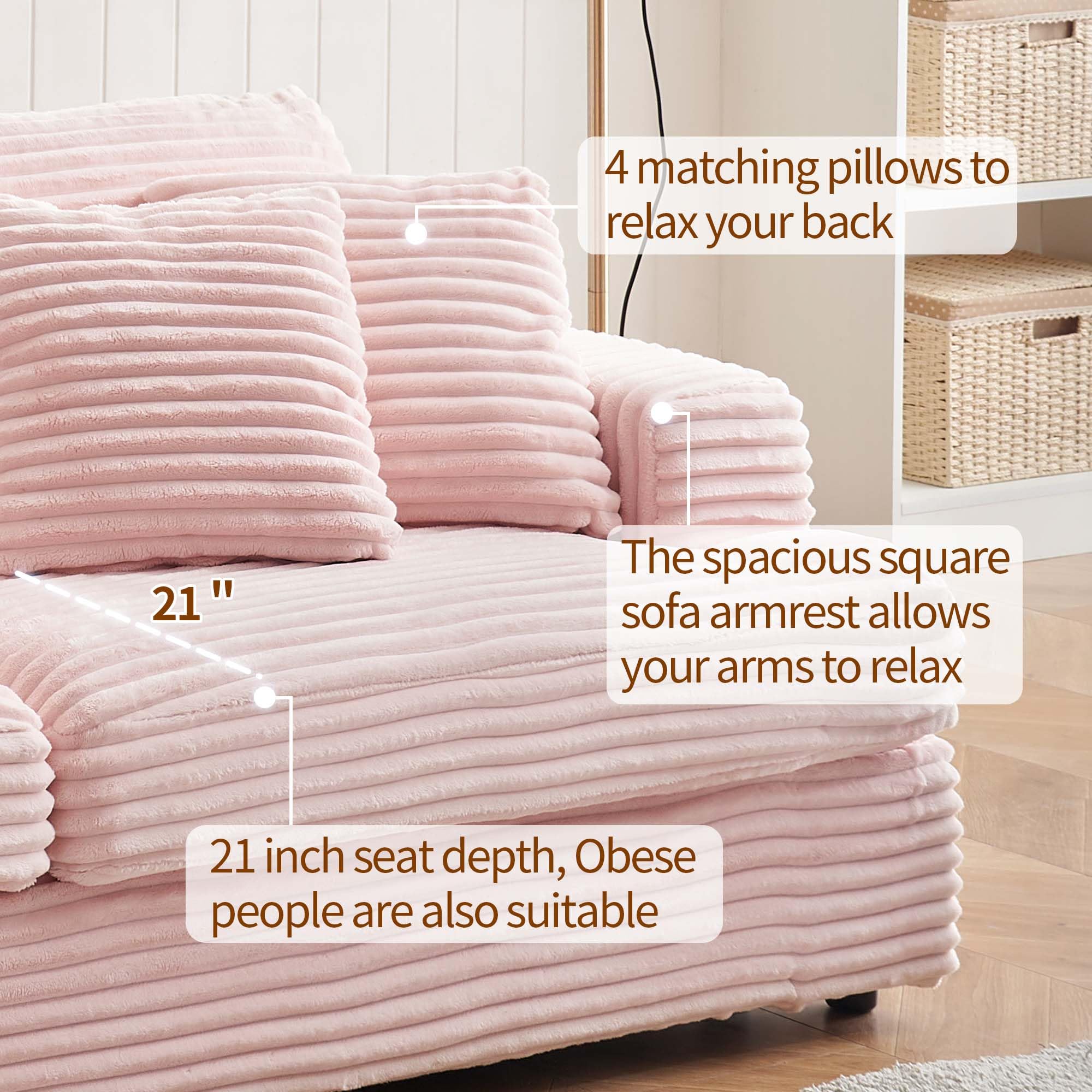Pink Corduroy Sleeper Sofa 3-Seater with Deep Seat