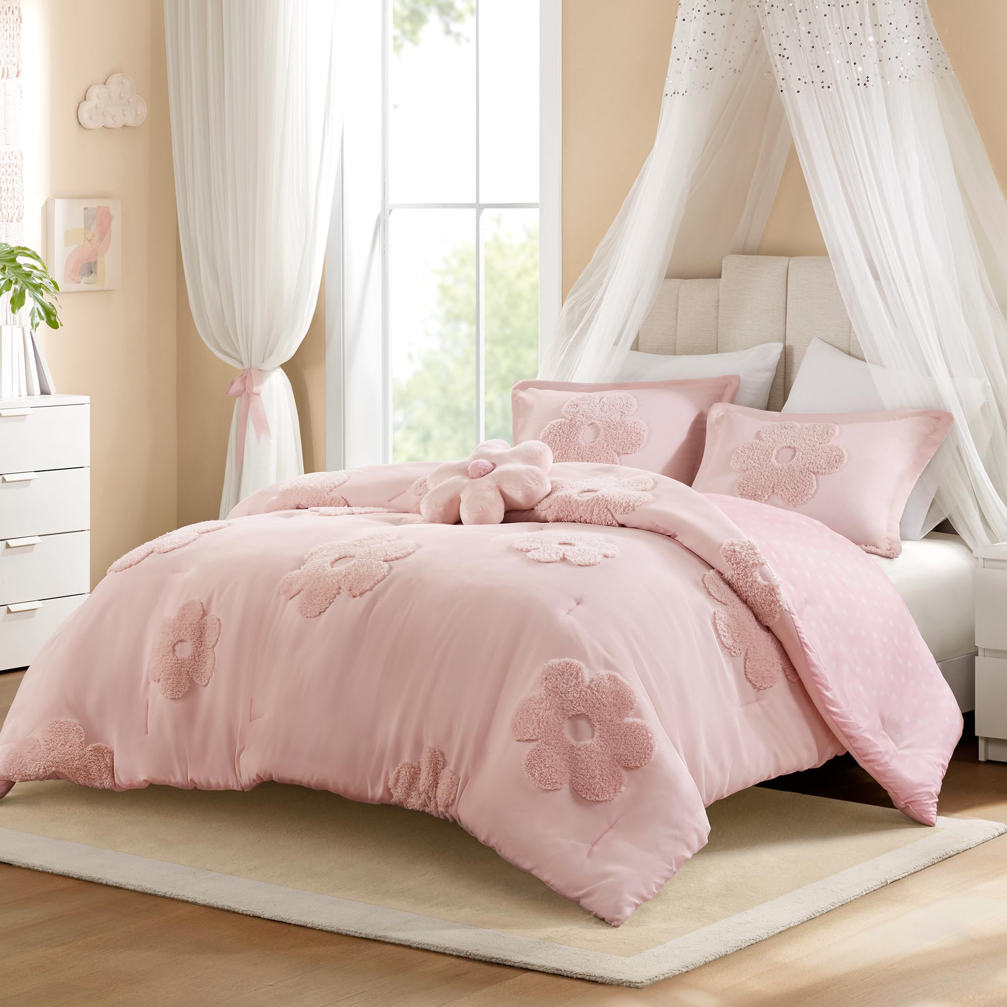 Full/Queen Pink Floral Comforter Set - 4 Piece Reversible Bedding