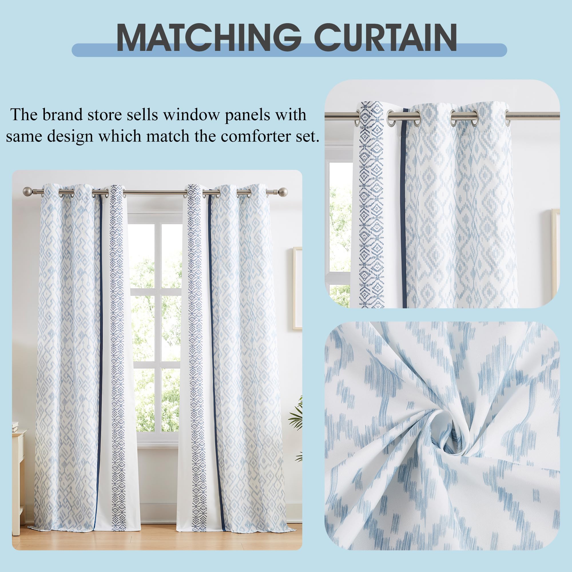 Blue Queen Comforter Set 7-Piece Geometric Embroidered Bedding