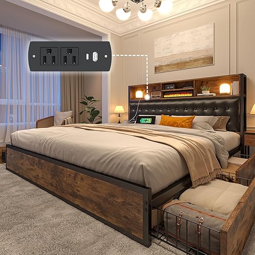 King Size Bed Frame with Storage Drawers and Charging Station