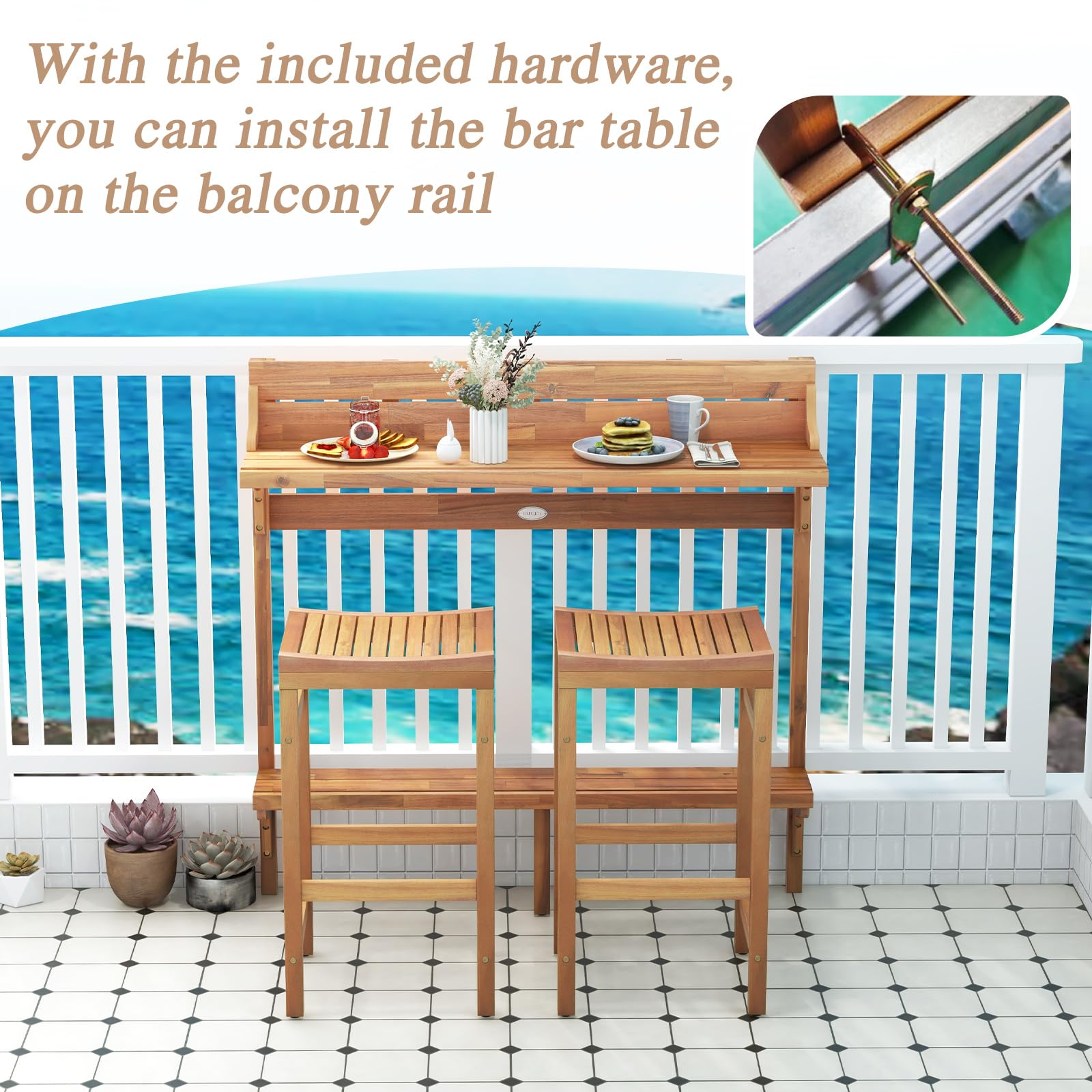 3-Piece Acacia Wood Balcony Bar Set with Stools