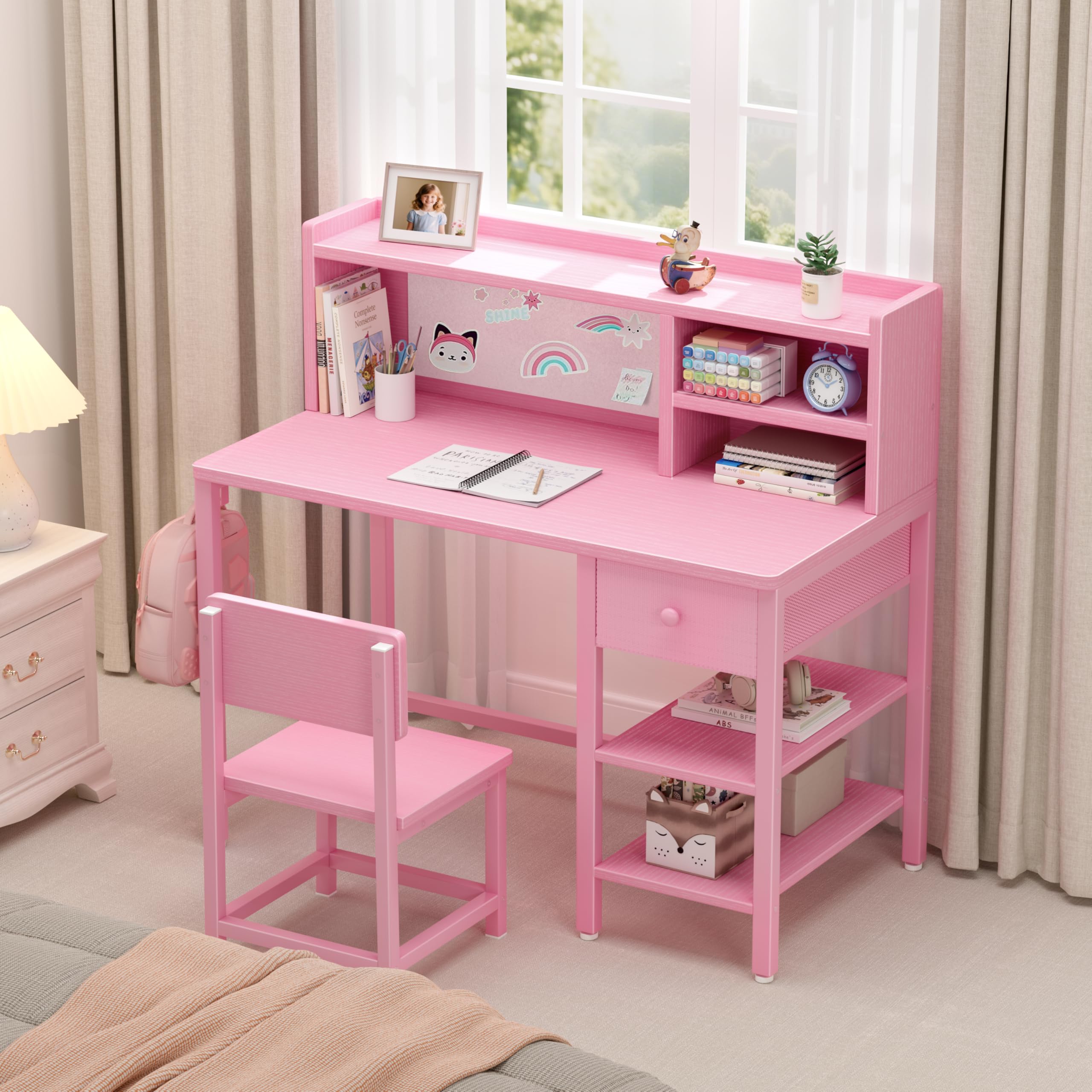 Kids Desk and Chair Set with Hutch and Storage Shelf
