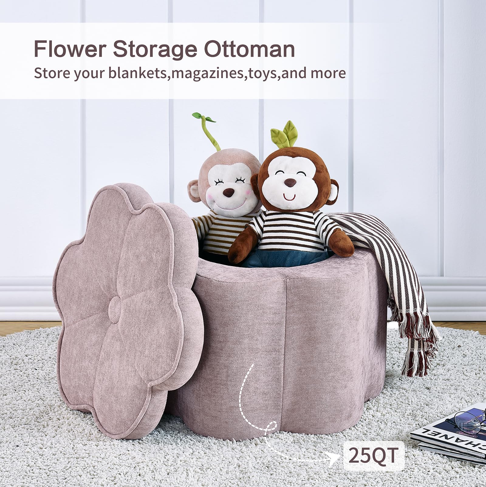 Pink Flower Storage Ottoman with Chenille Fabric